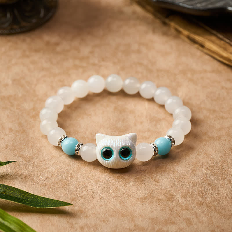 Buddha Stones White Jade Black Obsidian Cute Cat Head Purity Beaded Bracelet - image 8
