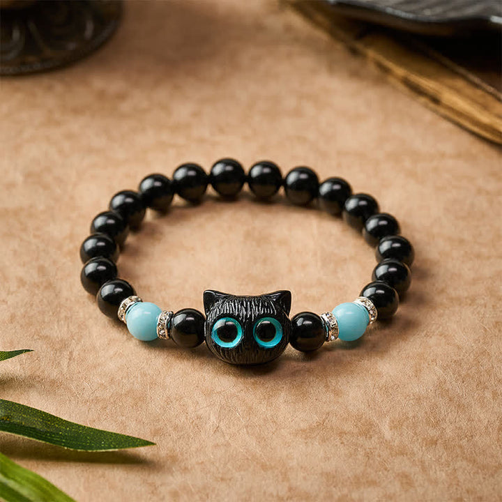 Buddha Stones White Jade Black Obsidian Cute Cat Head Purity Beaded Bracelet - image 19