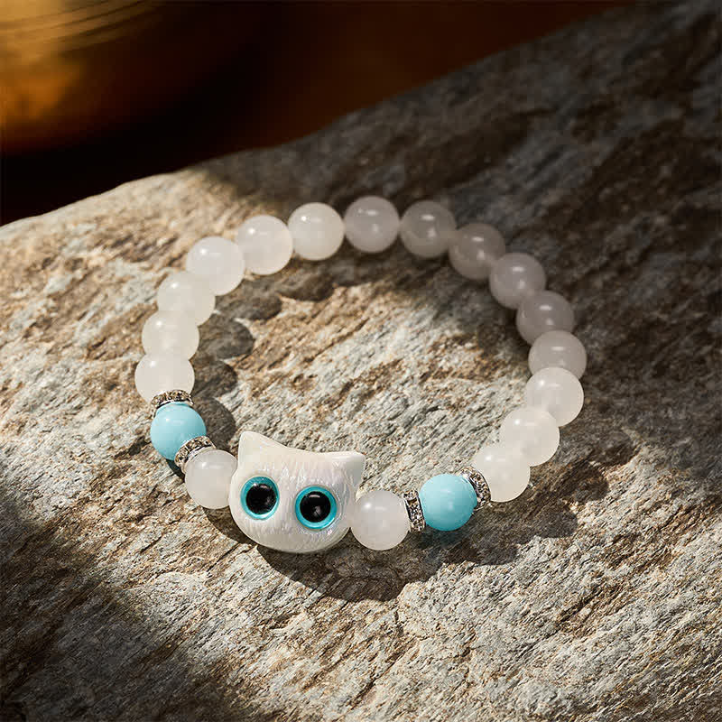 Buddha Stones White Jade Black Obsidian Cute Cat Head Purity Beaded Bracelet - image 3