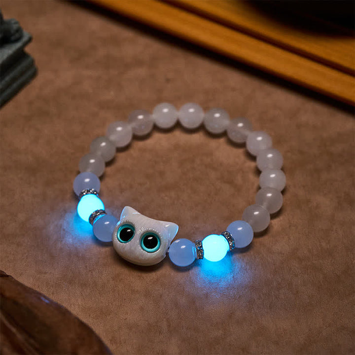 Buddha Stones White Jade Black Obsidian Cute Cat Head Purity Beaded Bracelet - image 7