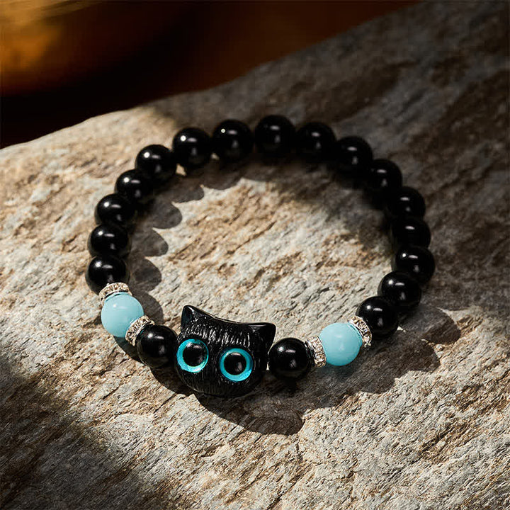 Buddha Stones White Jade Black Obsidian Cute Cat Head Purity Beaded Bracelet - image 15
