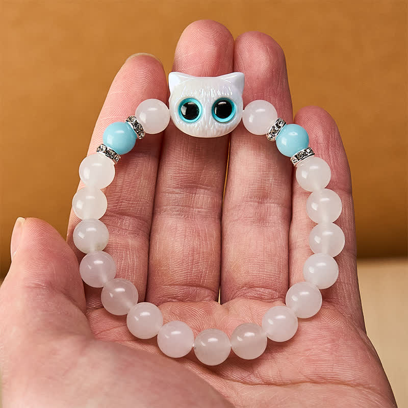 Buddha Stones White Jade Black Obsidian Cute Cat Head Purity Beaded Bracelet - image 6
