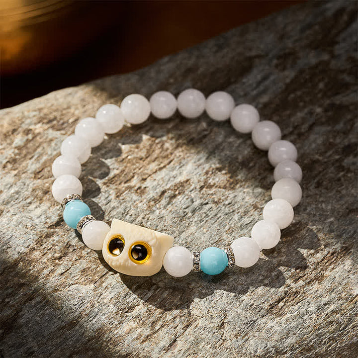 Buddha Stones Black Obsidian White Chalcedony Big-Eye Cat Head Purity Bead Bracelet - image 8