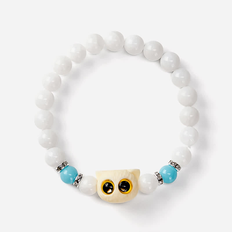 Buddha Stones Black Obsidian White Chalcedony Big-Eye Cat Head Purity Bead Bracelet - image 9