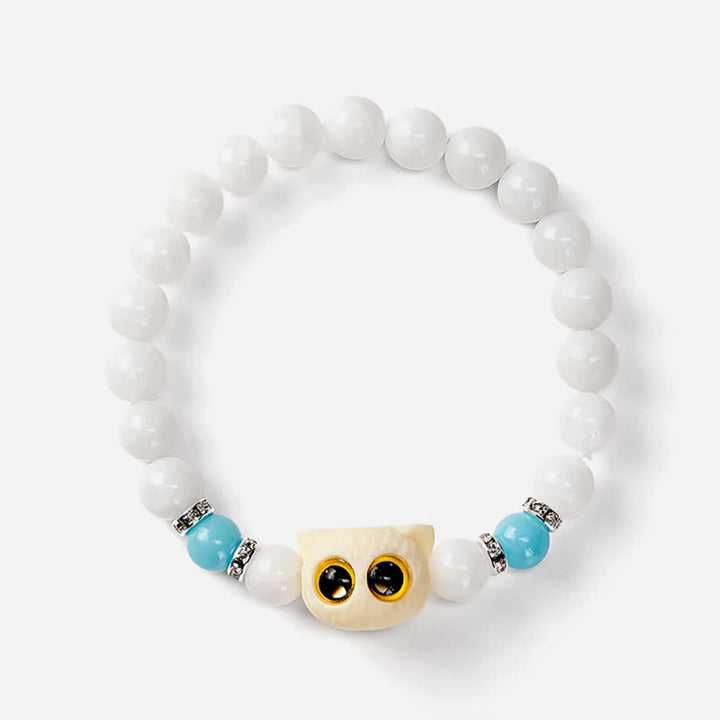 Buddha Stones Black Obsidian White Chalcedony Big-Eye Cat Head Purity Bead Bracelet - image 9