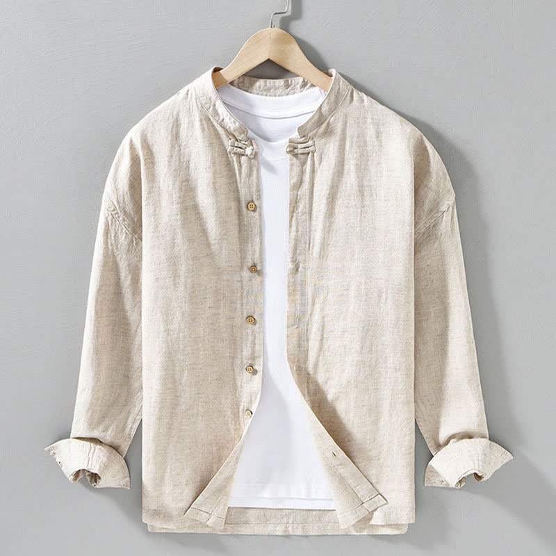 Buddha Stones Fall Casual Tang Style Mandarin Collar Solid Men's Long Sleeve Shirts - Beige - US/UK/AU42，EU52 (3XL) - image 8