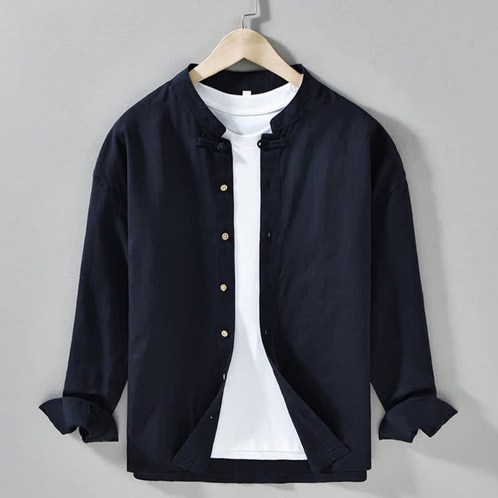 Buddha Stones Fall Casual Tang Style Mandarin Collar Solid Men's Long Sleeve Shirts - MidnightBlue - US/UK/AU42，EU52 (3XL) - image 5