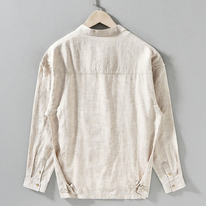 Buddha Stones Fall Casual Tang Style Mandarin Collar Solid Men's Long Sleeve Shirts - image 10