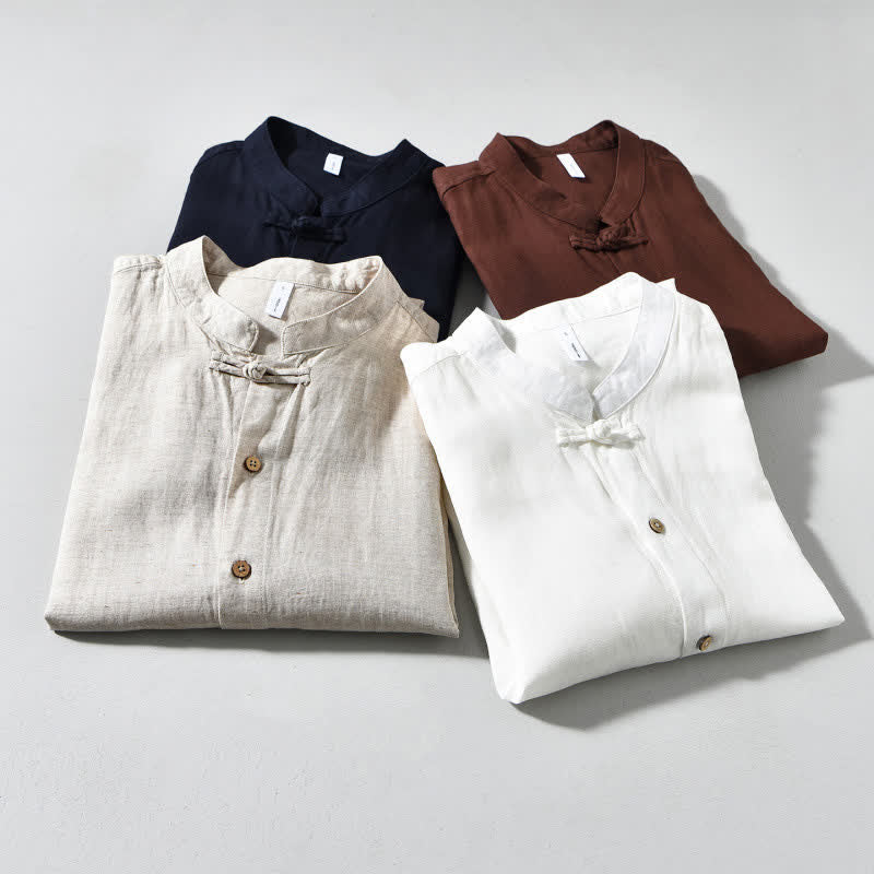 Buddha Stones Fall Casual Tang Style Mandarin Collar Solid Men's Long Sleeve Shirts - image 20