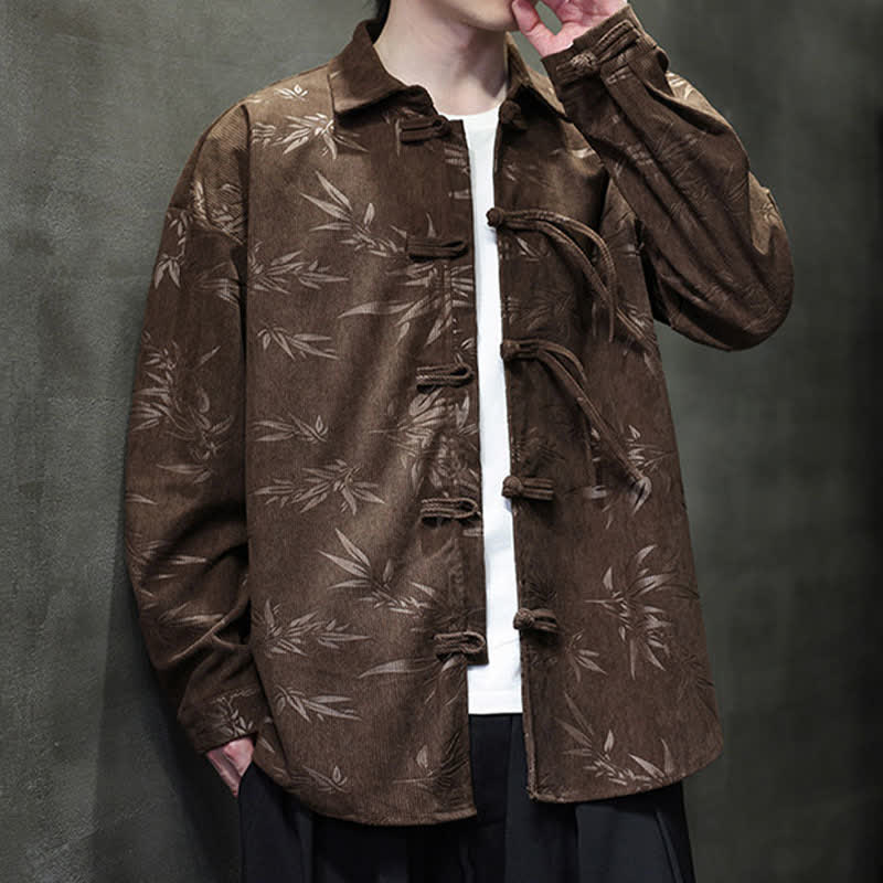 Buddha Stones Fall Winter Tang Style Frog Button Bamboo Print Corduroy Men's Long Sleeve Shirts - image 31