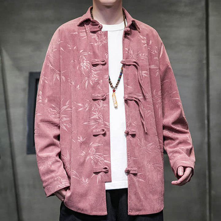 Buddha Stones Fall Winter Tang Style Frog Button Bamboo Print Corduroy Men's Long Sleeve Shirts - image 10