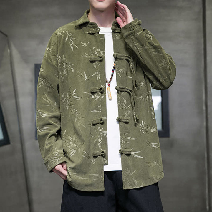 Buddha Stones Fall Winter Tang Style Frog Button Bamboo Print Corduroy Men's Long Sleeve Shirts - image 8