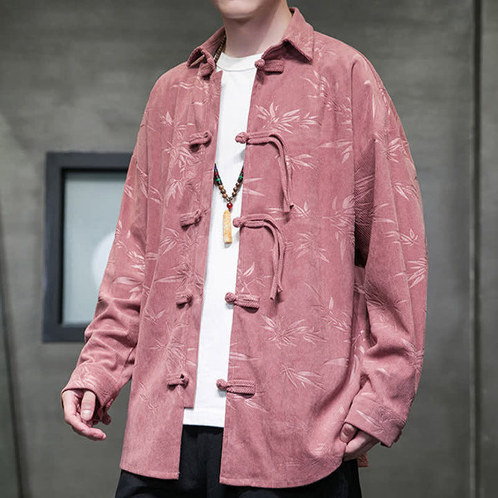 Buddha Stones Fall Winter Tang Style Frog Button Bamboo Print Corduroy Men's Long Sleeve Shirts - image 15