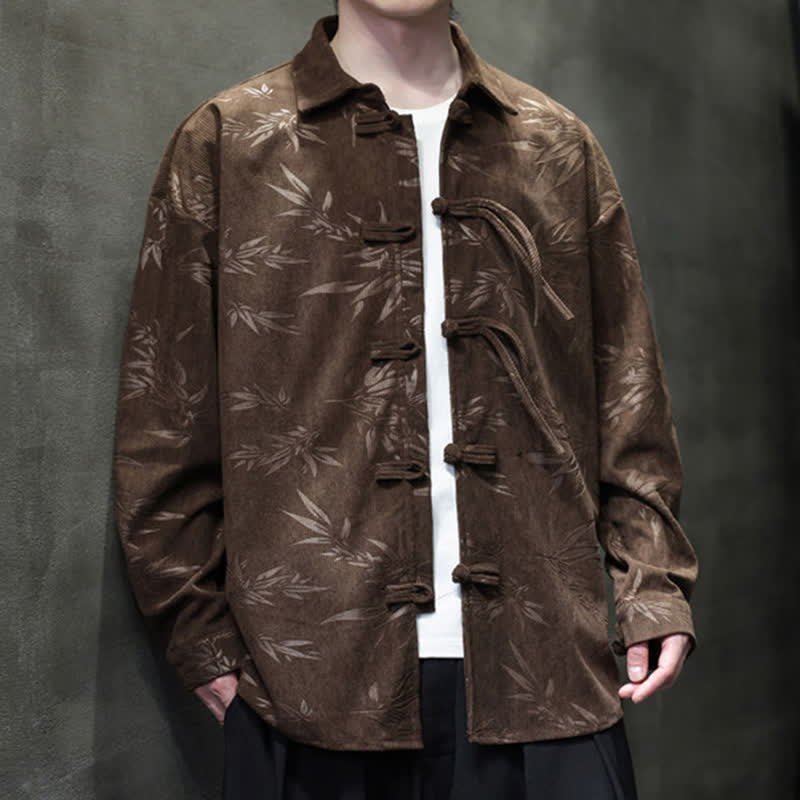 Buddha Stones Fall Winter Tang Style Frog Button Bamboo Print Corduroy Men's Long Sleeve Shirts - image 33