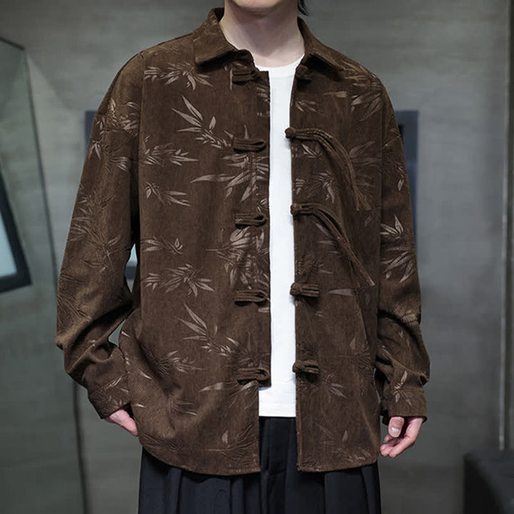 Buddha Stones Fall Winter Tang Style Frog Button Bamboo Print Corduroy Men's Long Sleeve Shirts - image 30