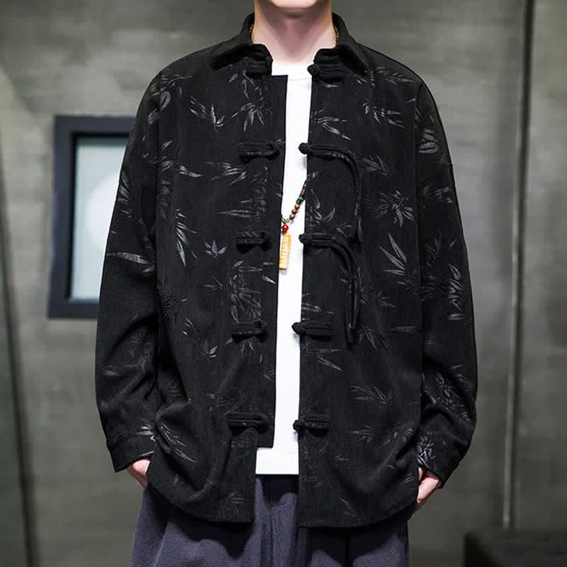 Buddha Stones Fall Winter Tang Style Frog Button Bamboo Print Corduroy Men's Long Sleeve Shirts - Black - US/UK/AU46，EU56 (5XL) - image 17