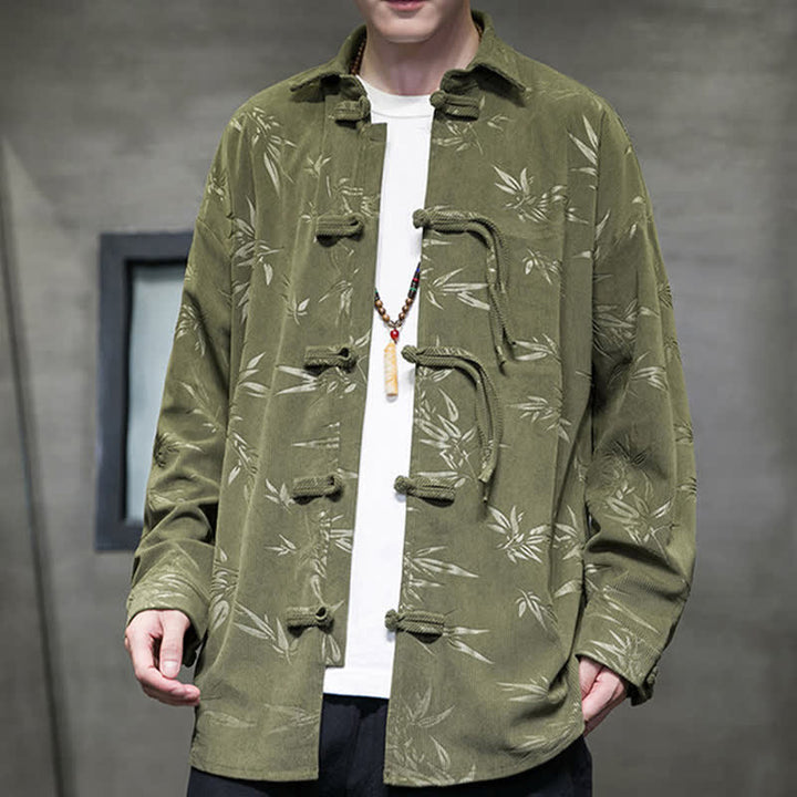 Buddha Stones Fall Winter Tang Style Frog Button Bamboo Print Corduroy Men's Long Sleeve Shirts - image 4