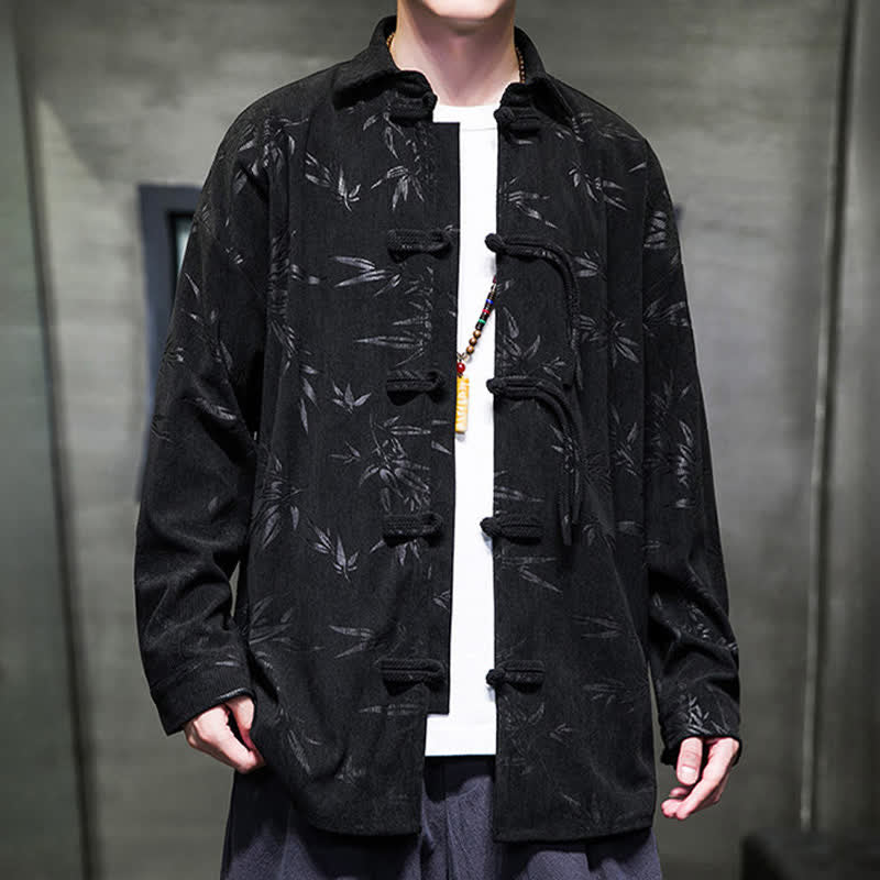 Buddha Stones Fall Winter Tang Style Frog Button Bamboo Print Corduroy Men's Long Sleeve Shirts - image 22