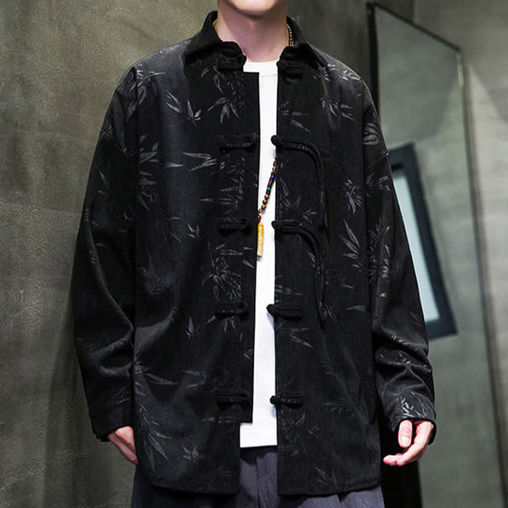 Buddha Stones Fall Winter Tang Style Frog Button Bamboo Print Corduroy Men's Long Sleeve Shirts - image 20