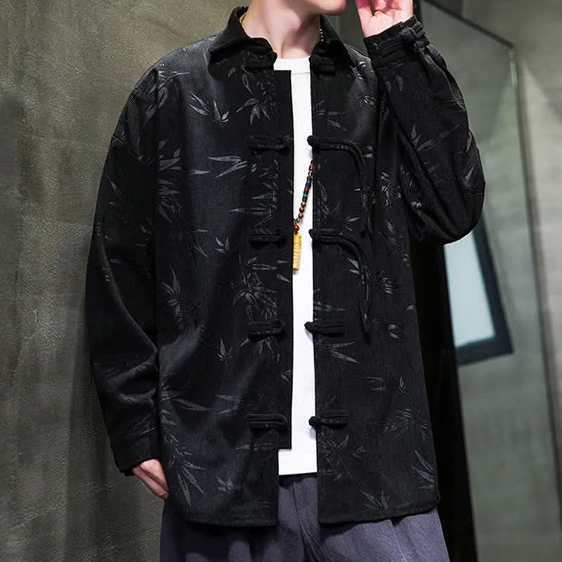 Buddha Stones Fall Winter Tang Style Frog Button Bamboo Print Corduroy Men's Long Sleeve Shirts - image 18