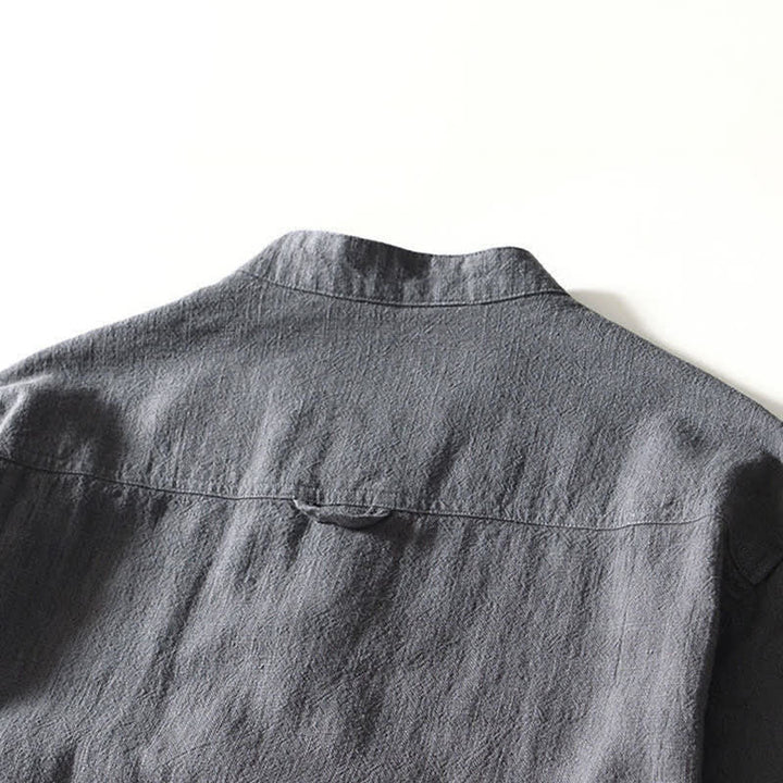 Buddha Stones Fall Casual Tang Style Mandarin Collar Solid Linen Men's Long Sleeve Shirts With Pockets - image 14