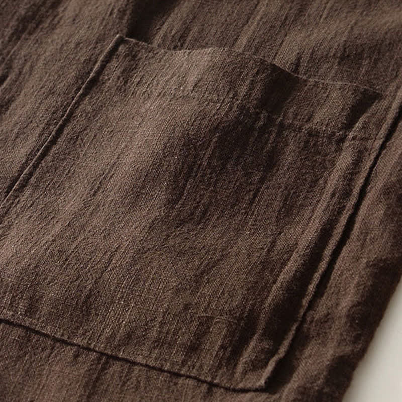 Buddha Stones Fall Casual Tang Style Mandarin Collar Solid Linen Men's Long Sleeve Shirts With Pockets - image 5
