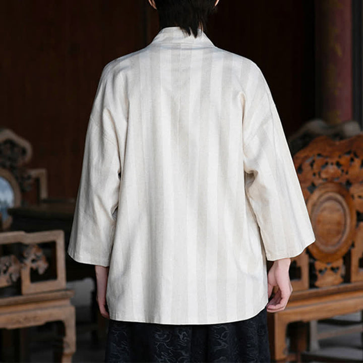 Buddha Stones Spring Summer Casual Tang Style Drawstring Solid Cotton Linen Three-Quarter Sleeve Men's Kimono With Pocket - image 4