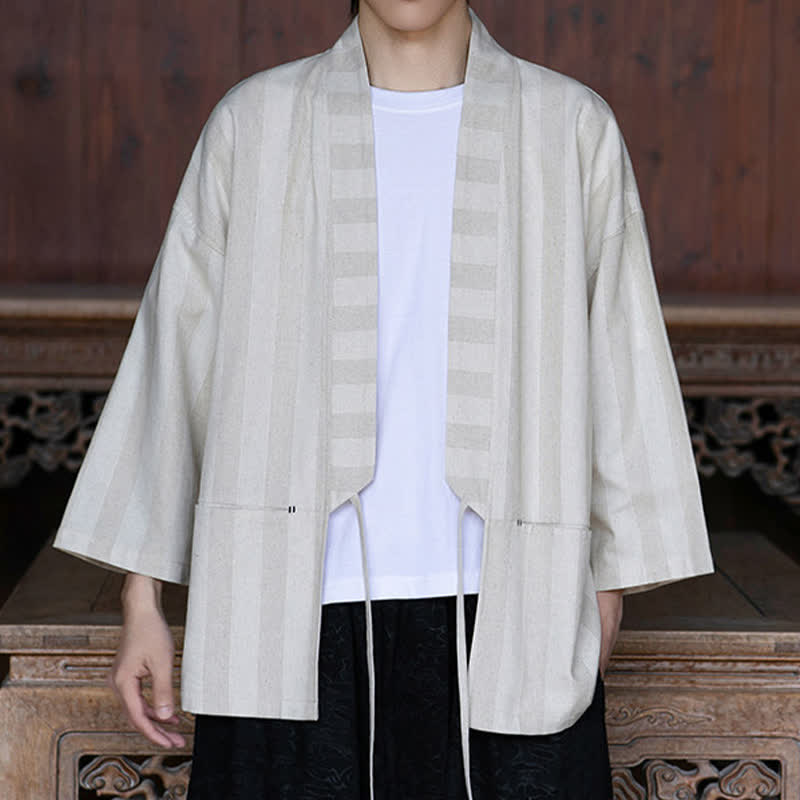 Buddha Stones Spring Summer Casual Tang Style Drawstring Solid Cotton Linen Three-Quarter Sleeve Men's Kimono With Pocket - image 6