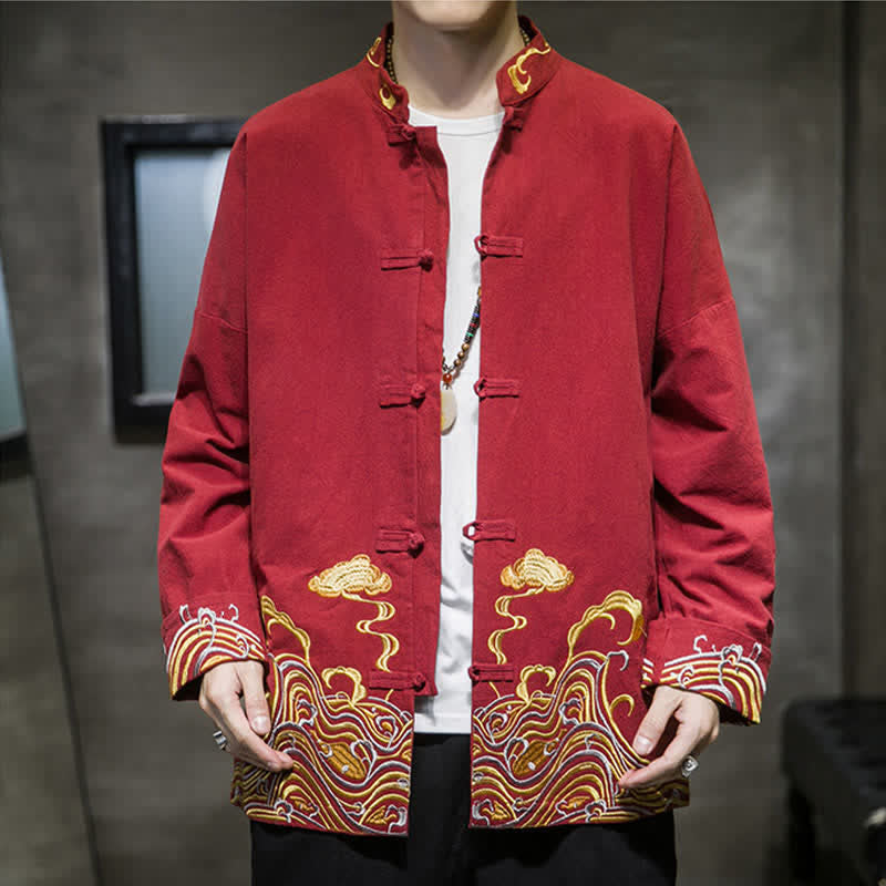 Buddha Stones Fall Winter Tang Style Vintage Frog Button Embroidery Clouds Pattern Cotton Men's Jacket - image 1