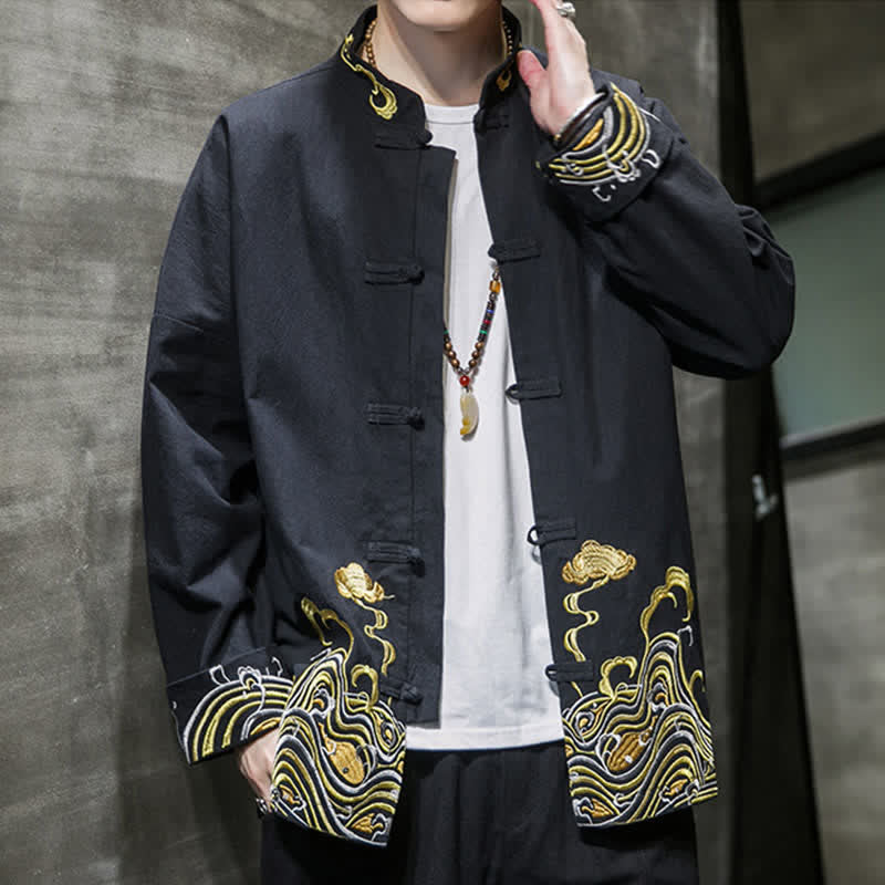 Buddha Stones Fall Winter Tang Style Vintage Frog Button Embroidery Clouds Pattern Cotton Men's Jacket - image 12