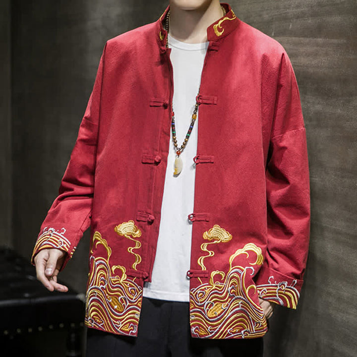 Buddha Stones Fall Winter Tang Style Vintage Frog Button Embroidery Clouds Pattern Cotton Men's Jacket - image 7