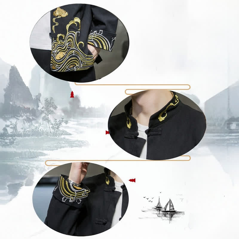 Buddha Stones Fall Winter Tang Style Vintage Frog Button Embroidery Clouds Pattern Cotton Men's Jacket - image 20