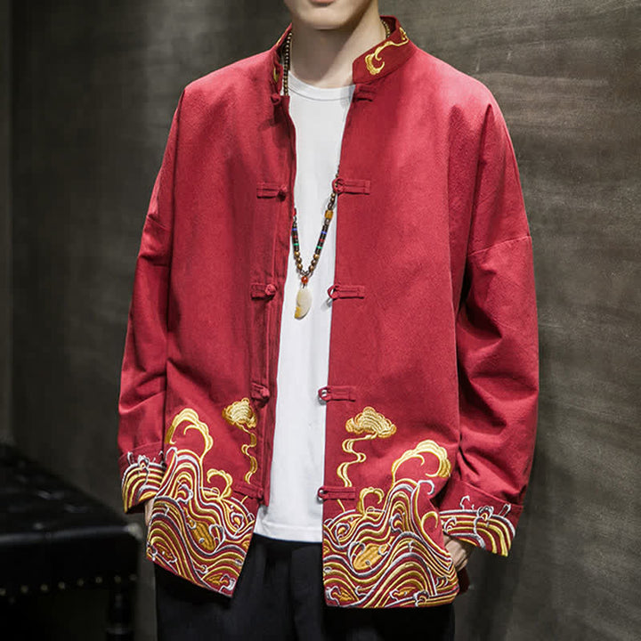 Buddha Stones Fall Winter Tang Style Vintage Frog Button Embroidery Clouds Pattern Cotton Men's Jacket - image 8