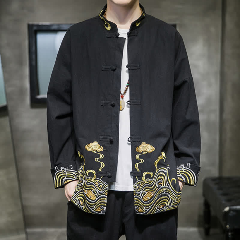 Buddha Stones Fall Winter Tang Style Vintage Frog Button Embroidery Clouds Pattern Cotton Men's Jacket - image 11