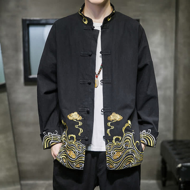 Buddha Stones Fall Winter Tang Style Vintage Frog Button Embroidery Clouds Pattern Cotton Men's Jacket - image 11