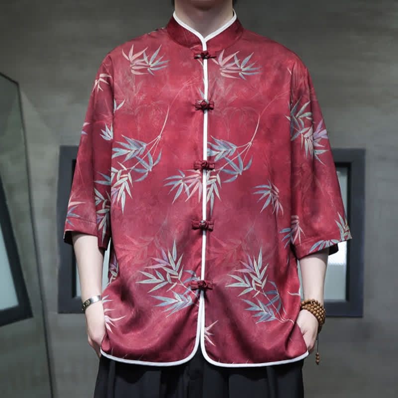 Buddha Stones Spring Summer Vintage Tang Style Mandarin Collar Bamboo Print Men's Elbow-Length Sleeve Shirts - image 2