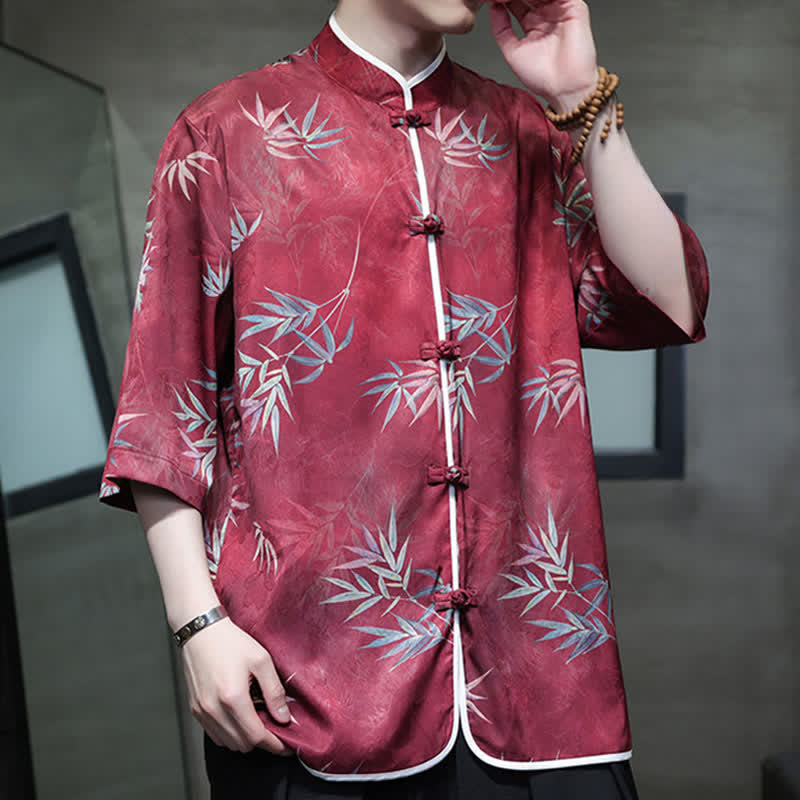Buddha Stones Spring Summer Vintage Tang Style Mandarin Collar Bamboo Print Men's Elbow-Length Sleeve Shirts - image 3