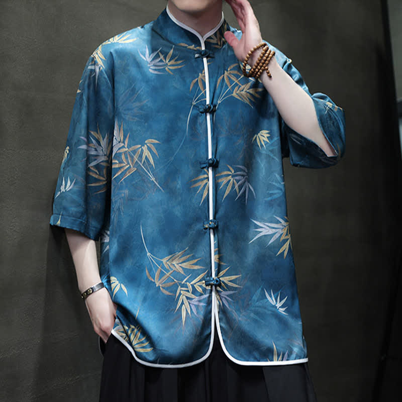 Buddha Stones Spring Summer Vintage Tang Style Mandarin Collar Bamboo Print Men's Elbow-Length Sleeve Shirts - image 20