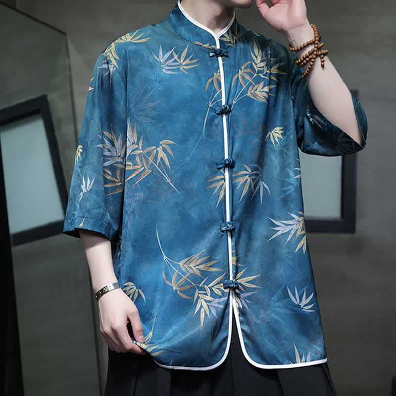 Buddha Stones Spring Summer Vintage Tang Style Mandarin Collar Bamboo Print Men's Elbow-Length Sleeve Shirts - image 24