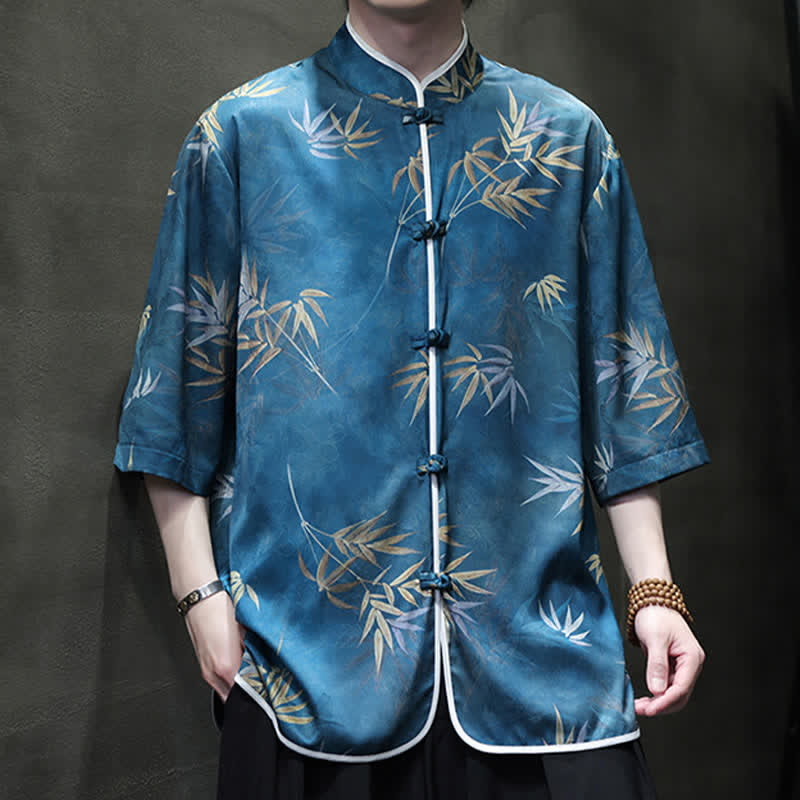 Buddha Stones Spring Summer Vintage Tang Style Mandarin Collar Bamboo Print Men's Elbow-Length Sleeve Shirts - image 19