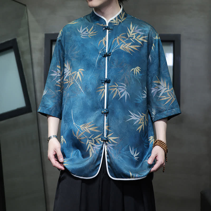 Buddha Stones Spring Summer Vintage Tang Style Mandarin Collar Bamboo Print Men's Elbow-Length Sleeve Shirts - SkyBlue - US/UK/AU46，EU56 (5XL) - image 18