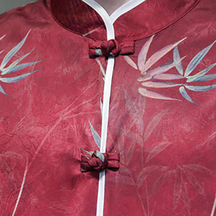 Buddha Stones Spring Summer Vintage Tang Style Mandarin Collar Bamboo Print Men's Elbow-Length Sleeve Shirts - image 7
