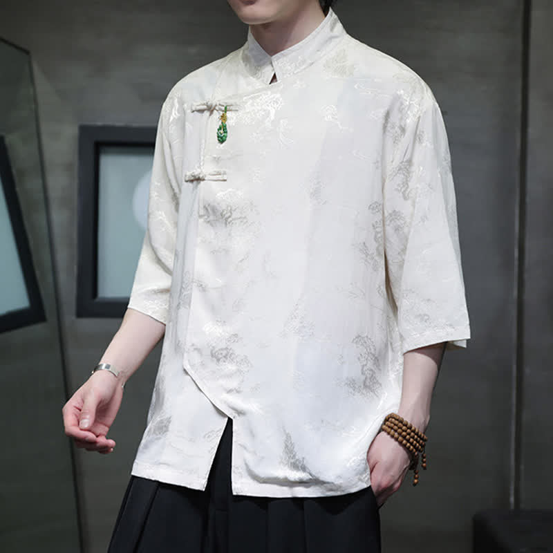 Buddha Stones Spring Tang Style Elegant Mandarin Collar Frog Button Men's Elbow-Length Sleeve Shirts - image 2