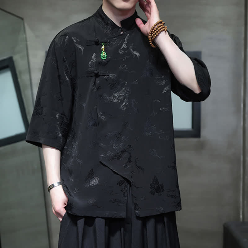 Buddha Stones Spring Tang Style Elegant Mandarin Collar Frog Button Men's Elbow-Length Sleeve Shirts - image 12