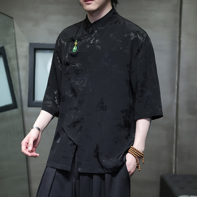 Buddha Stones Spring Tang Style Elegant Mandarin Collar Frog Button Men's Elbow-Length Sleeve Shirts - image 11