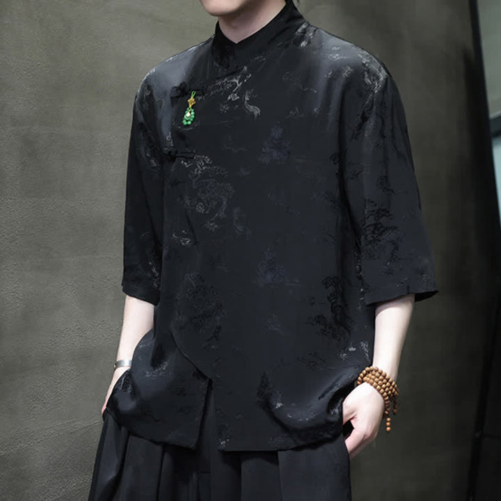 Buddha Stones Spring Tang Style Elegant Mandarin Collar Frog Button Men's Elbow-Length Sleeve Shirts - image 15