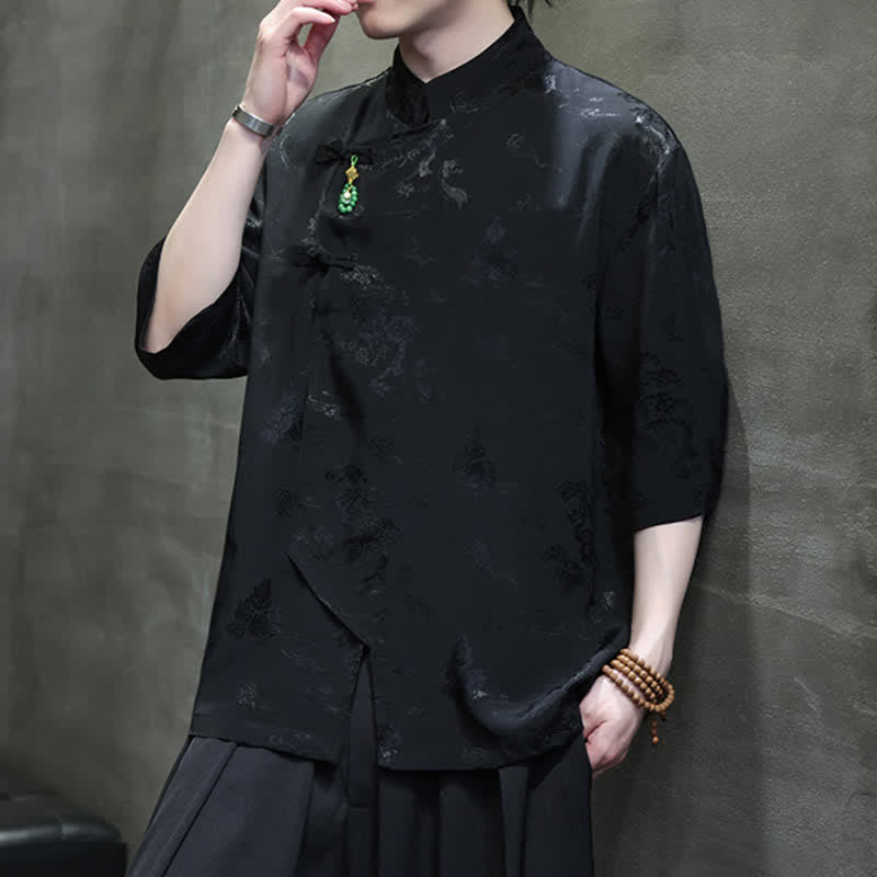 Buddha Stones Spring Tang Style Elegant Mandarin Collar Frog Button Men's Elbow-Length Sleeve Shirts - image 13