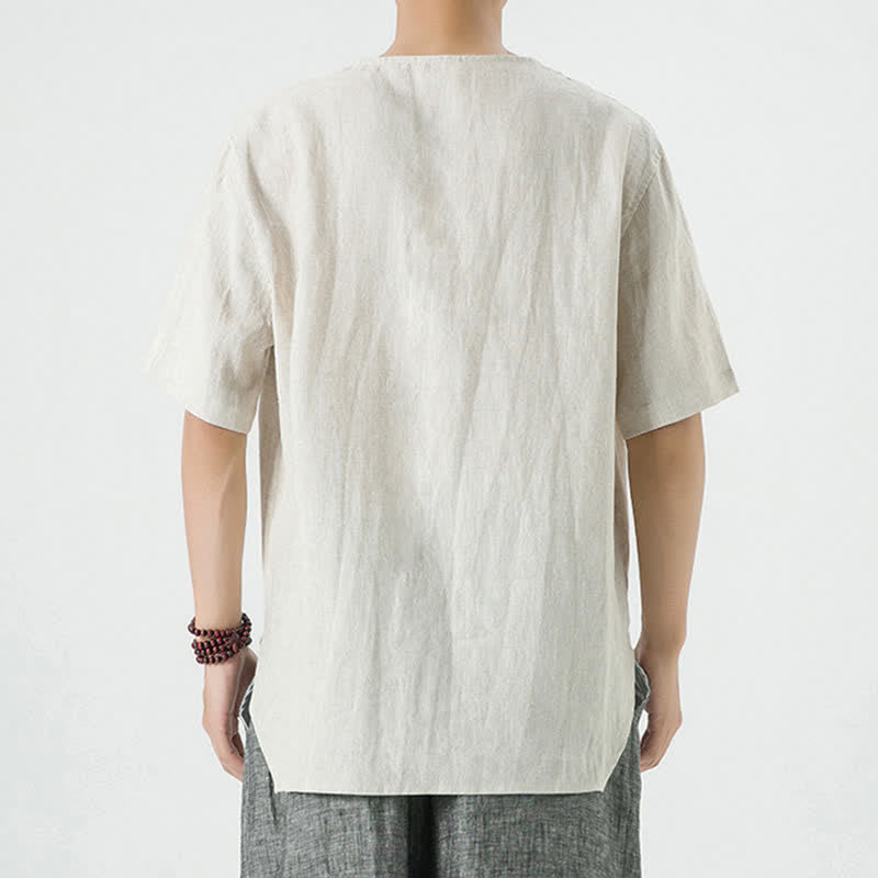 Buddha Stones Summer Casual Minimalist Side Slit Solid Crew Neck Linen Men's Short Sleeve Shirts - image 4
