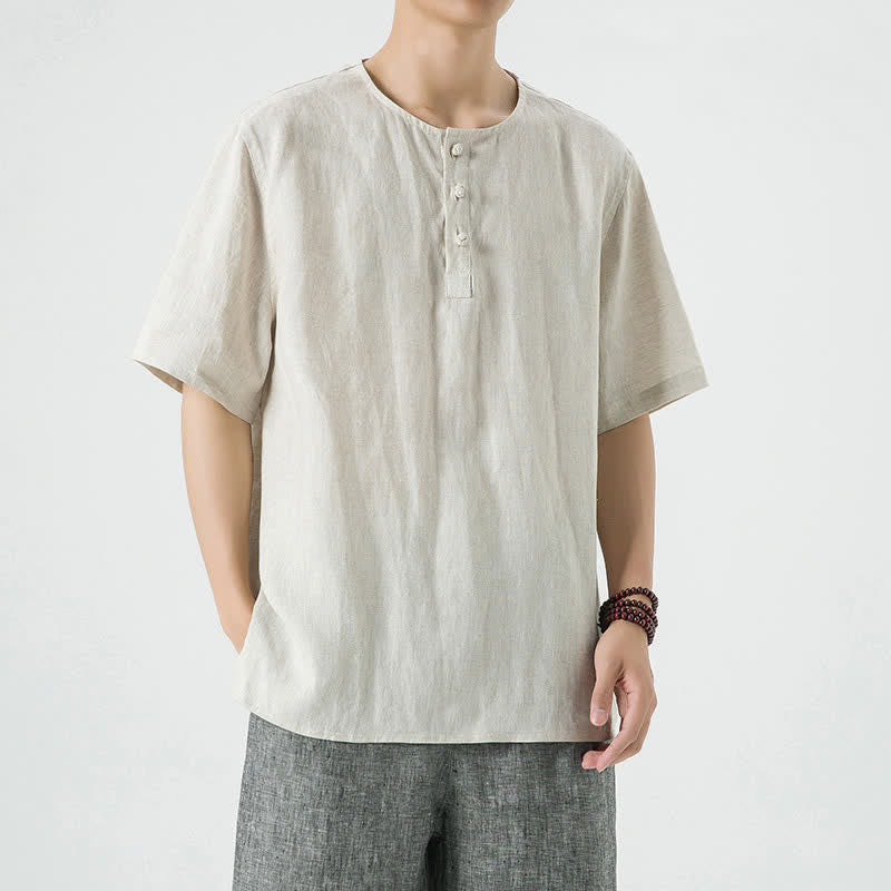 Buddha Stones Summer Casual Minimalist Side Slit Solid Crew Neck Linen Men's Short Sleeve Shirts - Linen - US/UK/AU46，EU56 (5XL) - image 0