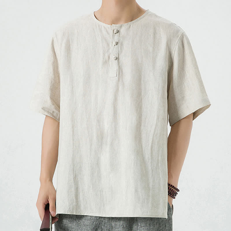 Buddha Stones Summer Casual Minimalist Side Slit Solid Crew Neck Linen Men's Short Sleeve Shirts - image 6